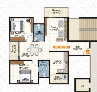 Floor plan of 2 BHK 1345 Sq. Ft. Apartment in Sai Purvi Symphony, Bangalore