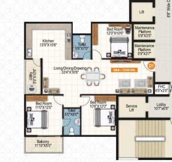 Floor plan of 3 BHK 1550 Sq. Ft. Apartment in Sai Purvi Symphony, Bangalore