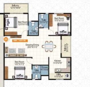 Floor plan of 3 BHK 1635 Sq. Ft. Apartment in Sai Purvi Symphony, Bangalore