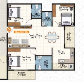 Floor plan of 3 BHK 1650 Sq. Ft. Apartment in Sai Purvi Symphony, Bangalore
