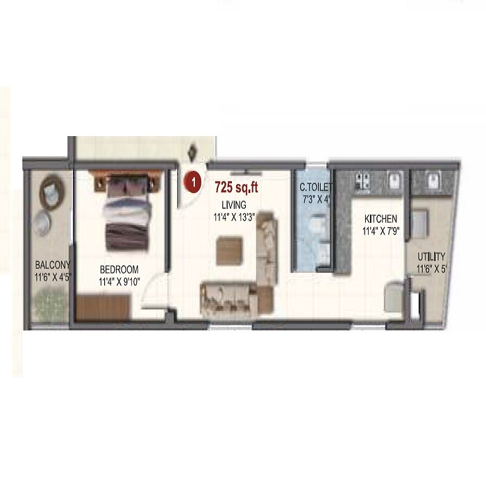 1 BHK 725 Sq. Ft. Apartment
