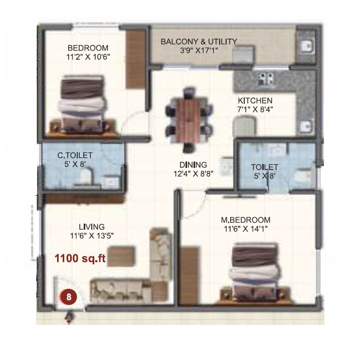 Floor plan of 2 BHK 1100 Sq. Ft. Apartment in Sai Raghavendra Tiara, Bangalore