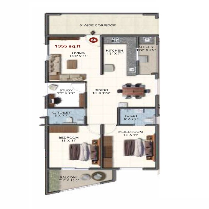 Floor plan of 2 BHK 1355 Sq. Ft. Apartment in Sai Raghavendra Tiara, Bangalore