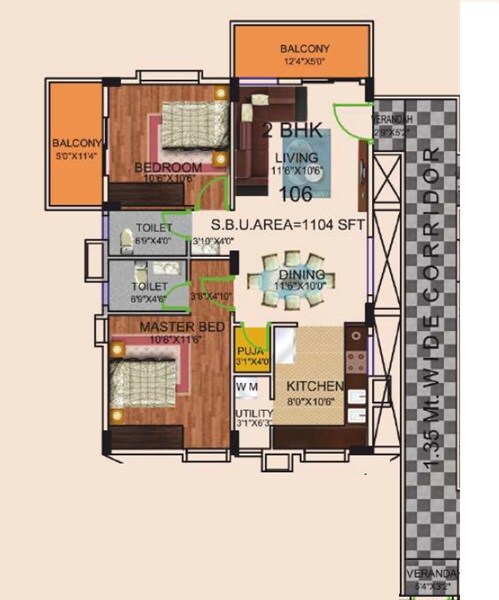 Floor plan of 2 BHK 1104 Sq. Ft. Apartment in Sai Shakthi Shreya, Bangalore
