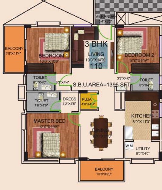 Floor plan of 3 BHK 1396 Sq. Ft. Apartment in Sai Shakthi Shreya, Bangalore