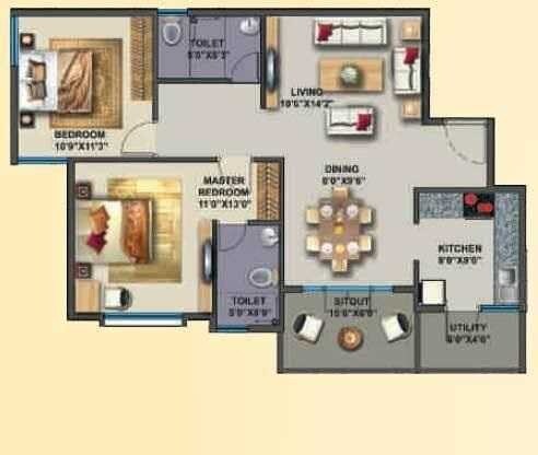 Floor plan of 2 BHK 1110 Sq. Ft. Apartment in Sai Snigdha Eden Blossoms, Bangalore