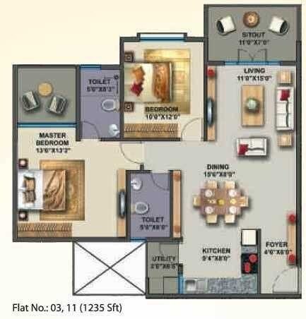 Floor plan of 2 BHK 1235 Sq. Ft. Apartment in Sai Snigdha Eden Blossoms, Bangalore
