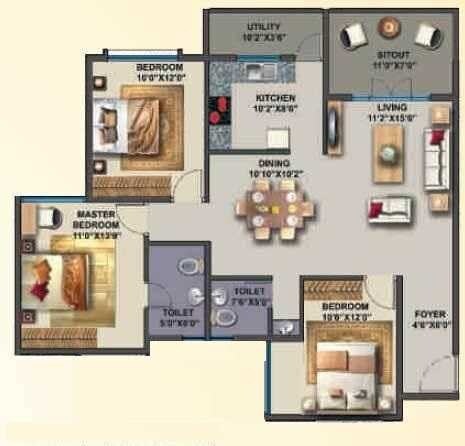 Floor plan of 3 BHK 1325 Sq. Ft. Apartment in Sai Snigdha Eden Blossoms, Bangalore