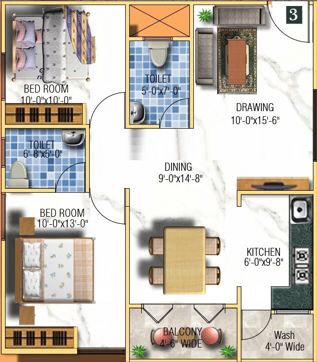Floor plan of 2 BHK 1001 Sq. Ft. Apartment in Sai Sowbagya, Bangalore