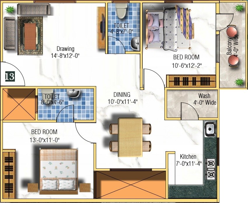 Floor plan of 2 BHK 1115 Sq. Ft. Apartment in Sai Sowbagya, Bangalore