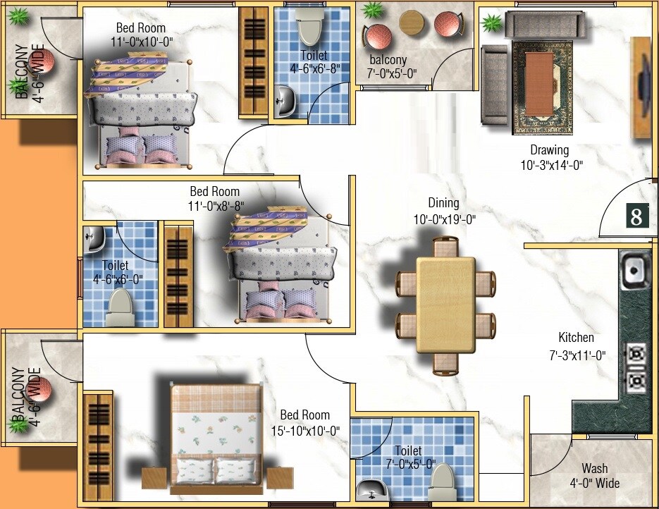 Floor plan of 3 BHK 1413 Sq. Ft. Apartment in Sai Sowbagya, Bangalore
