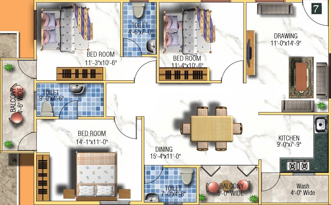 Floor plan of 3 BHK 1441 Sq. Ft. Apartment in Sai Sowbagya, Bangalore