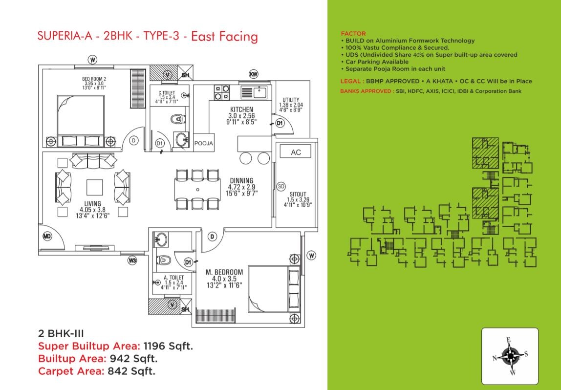 Floor plan of 2 BHK 1196 Sq. Ft. Apartment in Sai Superia, Bangalore