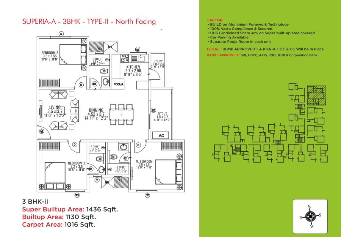 Floor plan of 3 BHK 1436 Sq. Ft. Apartment in Sai Superia, Bangalore