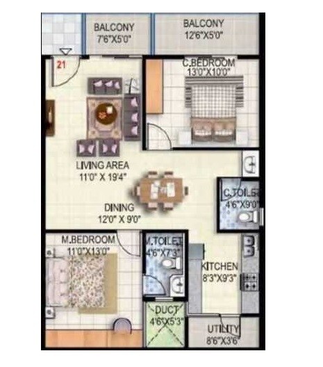 Floor plan of 2 BHK 1118 Sq. Ft. Apartment in Sai Vandana Brundavan, Bangalore
