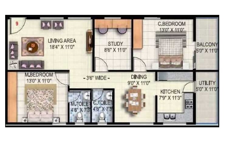 Floor plan of 2 BHK 1401 Sq. Ft. Apartment in Sai Vandana Brundavan, Bangalore