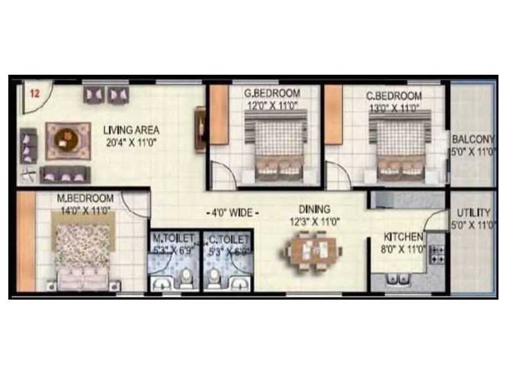 Floor plan of 3 BHK 1656 Sq. Ft. Apartment in Sai Vandana Brundavan, Bangalore