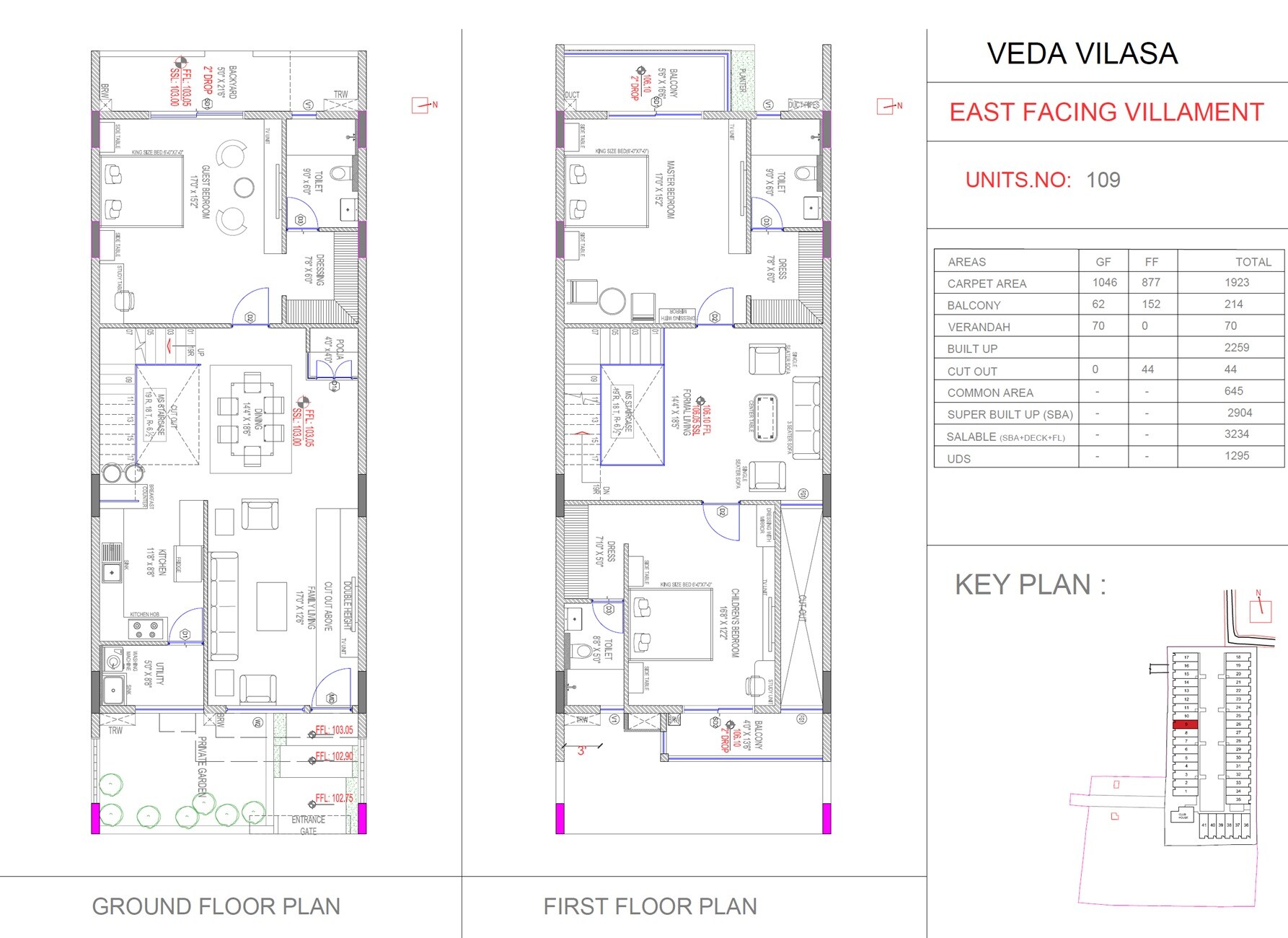 Floor plan of 3 BHK 3234 Sq. Ft. Villament in Sai Veda Vilasa, Bangalore
