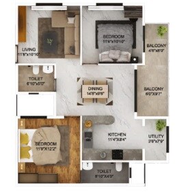 Floor plan of 2 BHK 982 Sq. Ft. Apartment in Saibya Square, Bangalore
