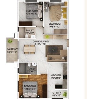 Floor plan of 3 BHK 1294 Sq. Ft. Apartment in Saibya Square, Bangalore