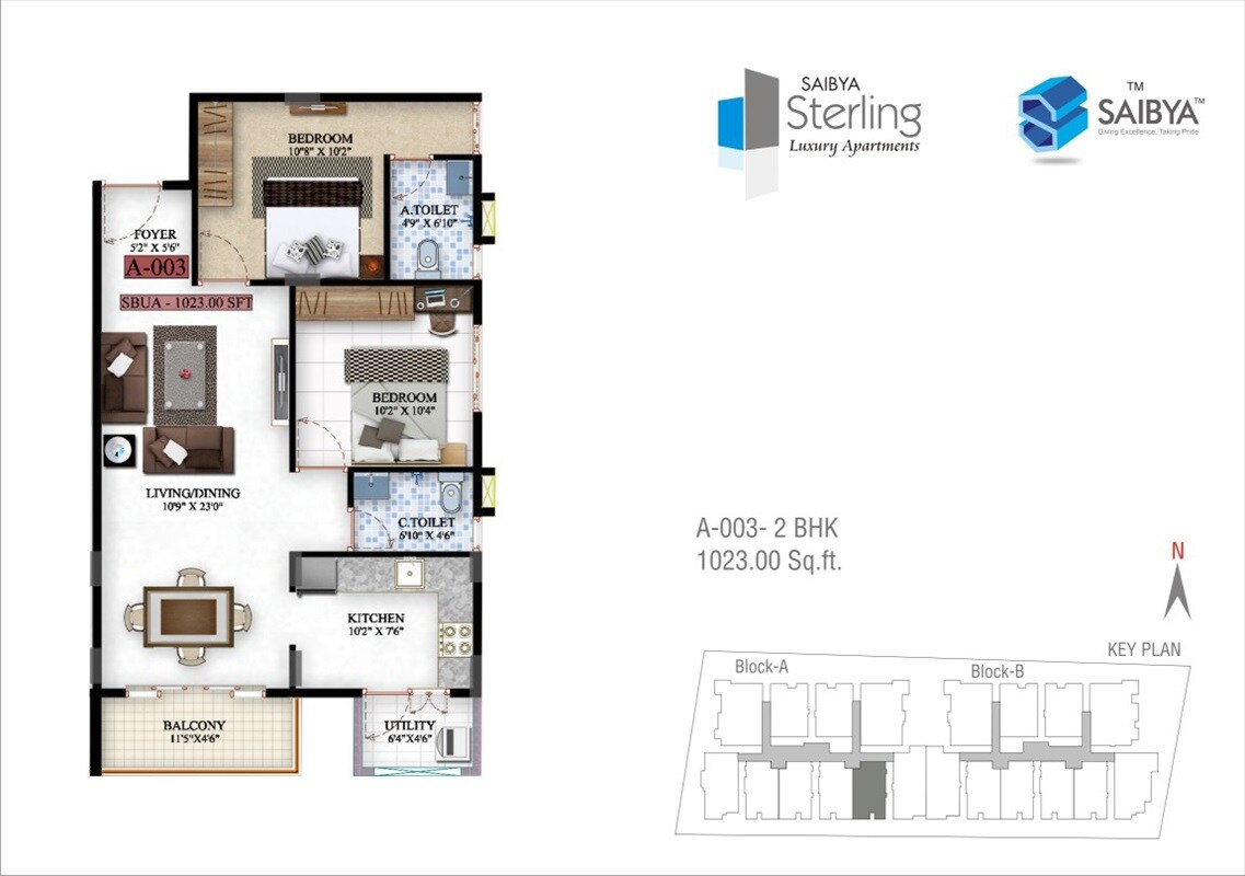 Floor plan of 2 BHK 1023 Sq. Ft. Apartment in Saibya Sterling, Bangalore