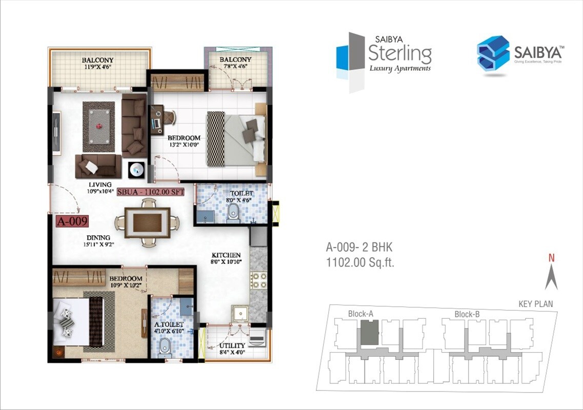 Floor plan of 2 BHK 1102 Sq. Ft. Apartment in Saibya Sterling, Bangalore