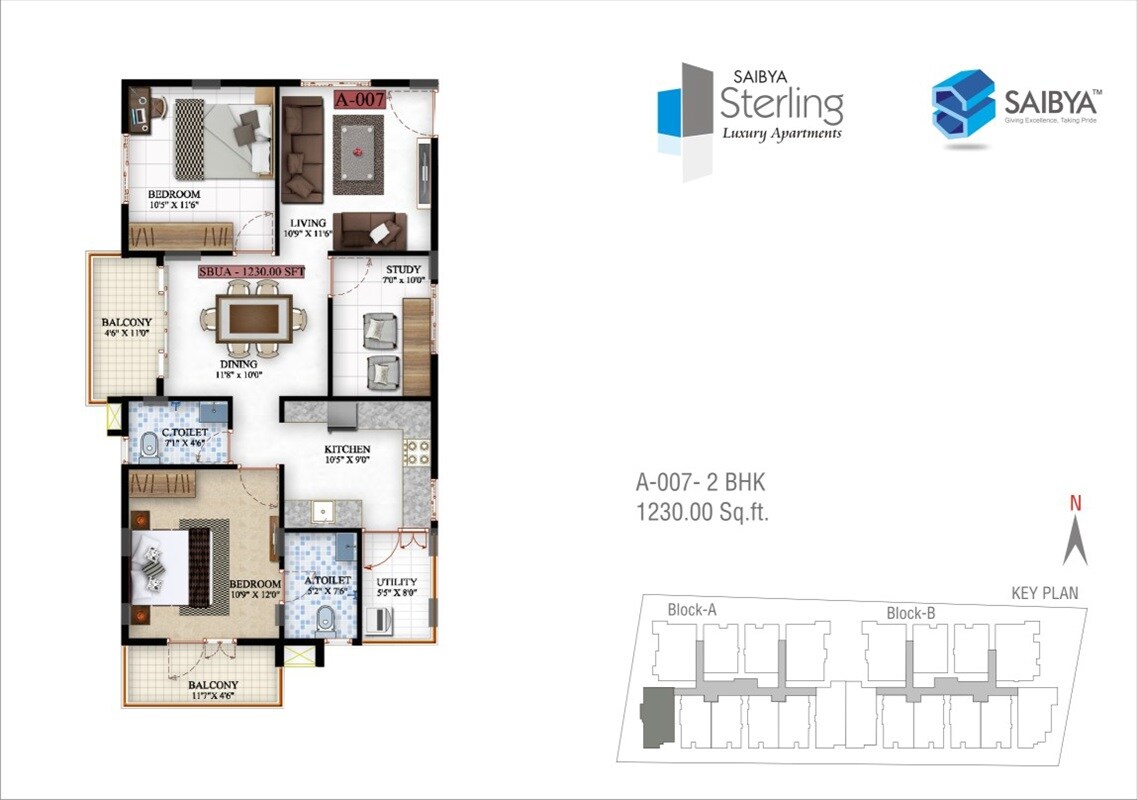 Floor plan of 2 BHK 1230 Sq. Ft. Apartment in Saibya Sterling, Bangalore