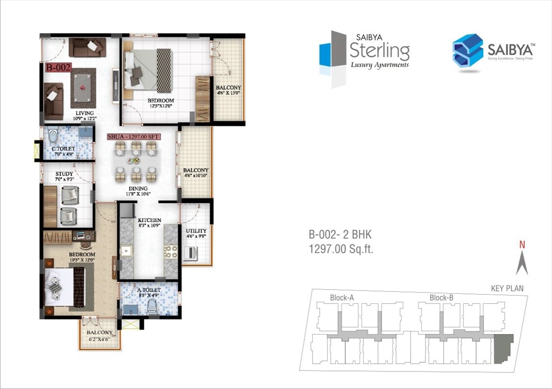 Floor plan of 2 BHK 1297 Sq. Ft. Apartment in Saibya Sterling, Bangalore