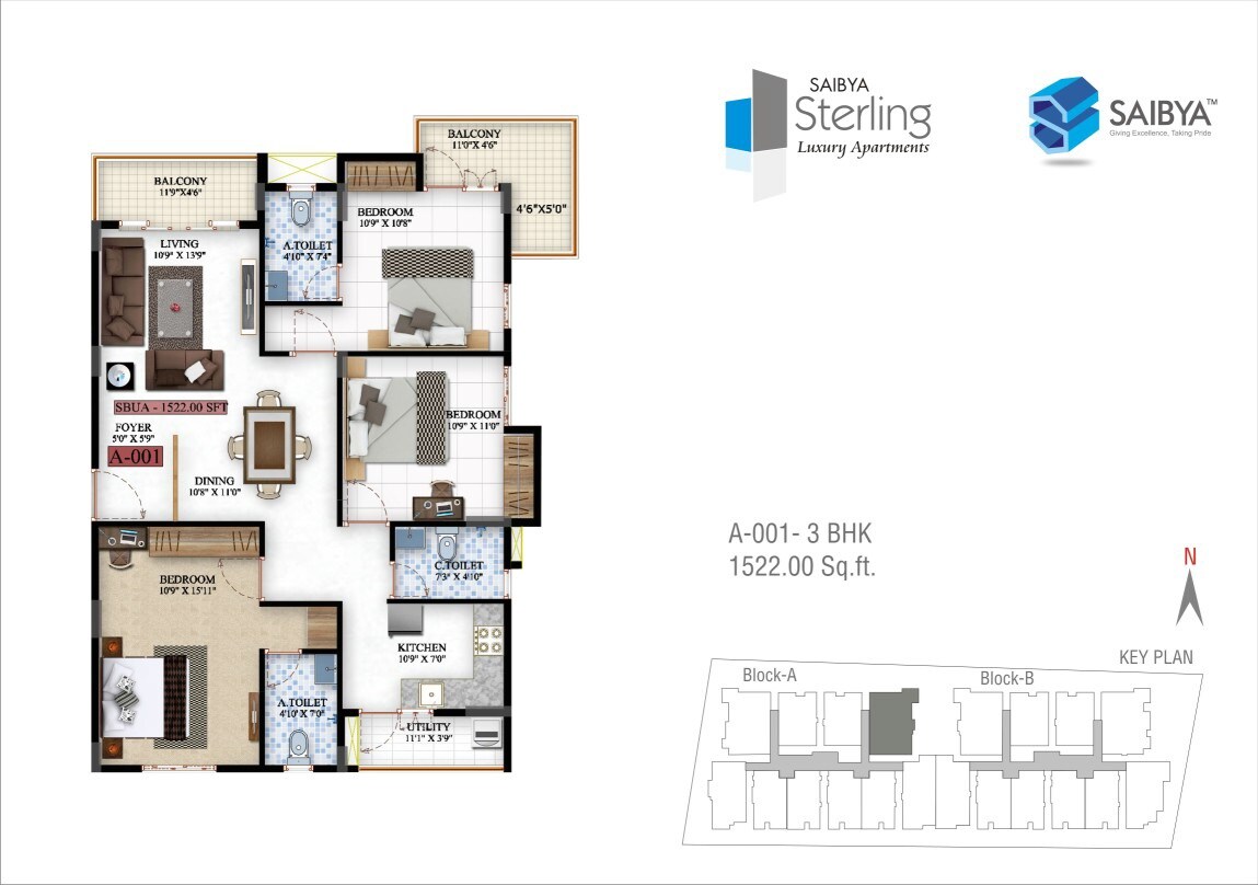 Floor plan of 3 BHK 1522 Sq. Ft. Apartment in Saibya Sterling, Bangalore