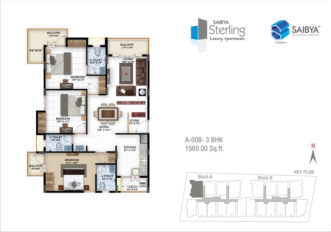 Floor plan of 3 BHK 1560 Sq. Ft. Apartment in Saibya Sterling, Bangalore