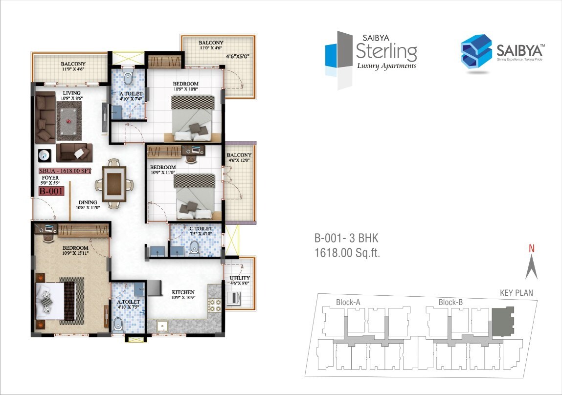 Floor plan of 3 BHK 1618 Sq. Ft. Apartment in Saibya Sterling, Bangalore