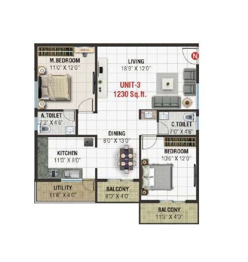 2 BHK 1230 Sq. Ft. Apartment