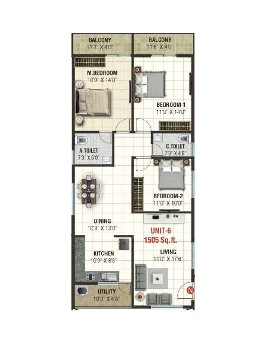 3 BHK 1505 Sq. Ft. Apartment