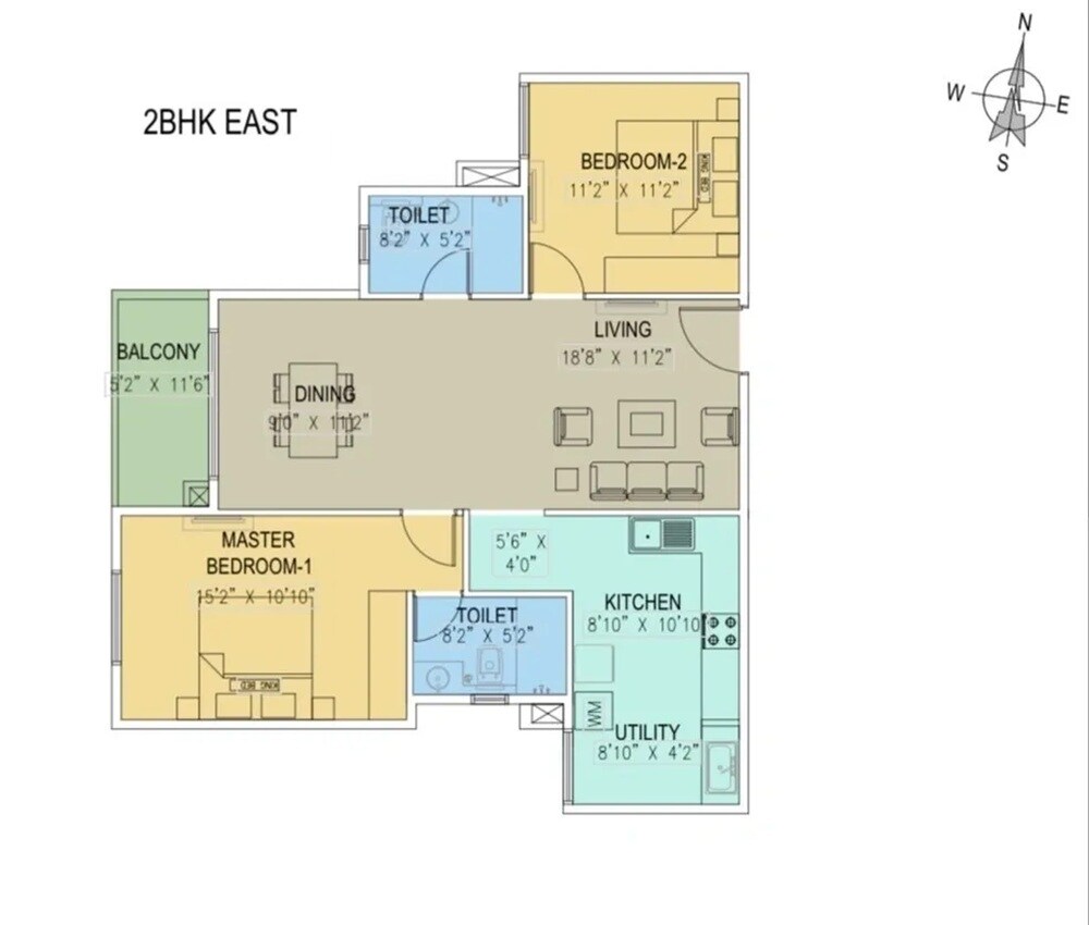Floor plan of 2 BHK 1185 Sq. Ft. Apartment in Saideep Hiranya, Bangalore