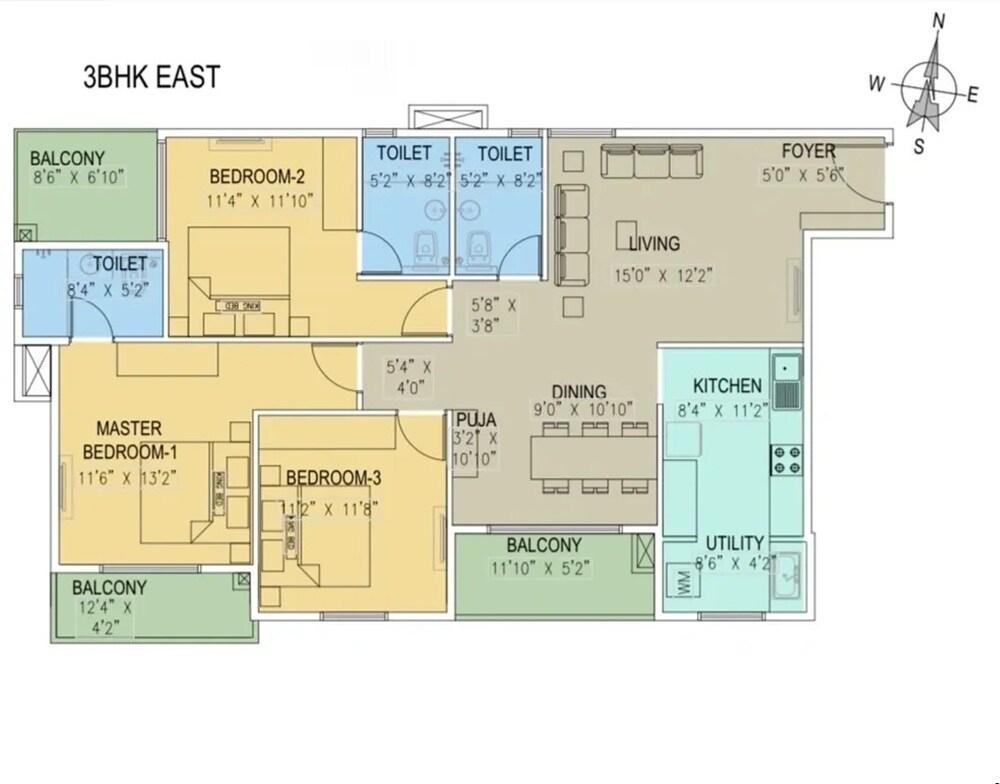 Floor plan of 3 BHK 1700 Sq. Ft. Apartment in Saideep Hiranya, Bangalore
