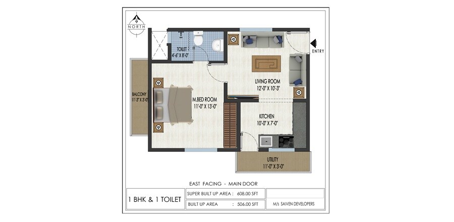 Floor plan of 1 BHK 608 Sq. Ft. Apartment in Saiven Silver Oaks, Bangalore