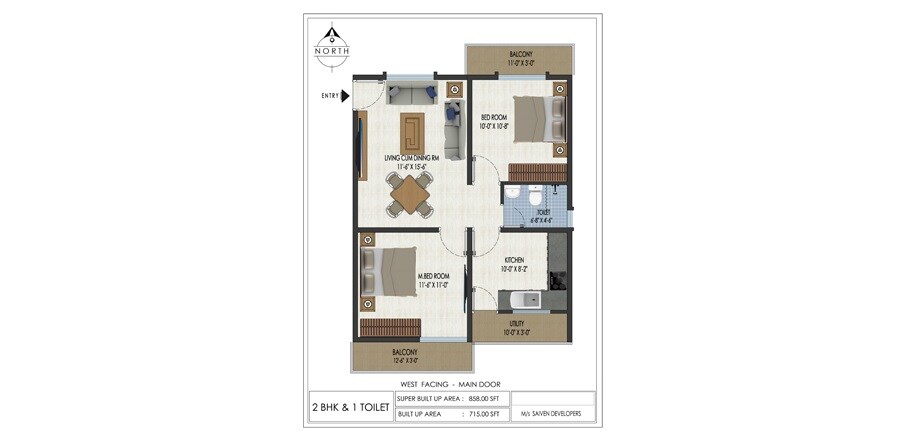 Floor plan of 2 BHK 858 Sq. Ft. Apartment in Saiven Silver Oaks, Bangalore
