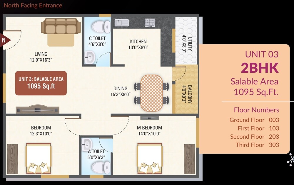 Floor plan of 2 BHK 1095 Sq. Ft. Apartment in Saketh Duo Marvel, Bangalore