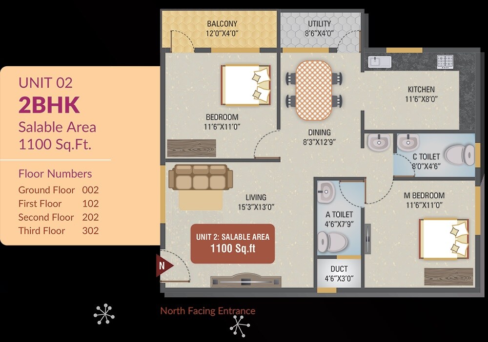 Floor plan of 2 BHK 1100 Sq. Ft. Apartment in Saketh Duo Marvel, Bangalore
