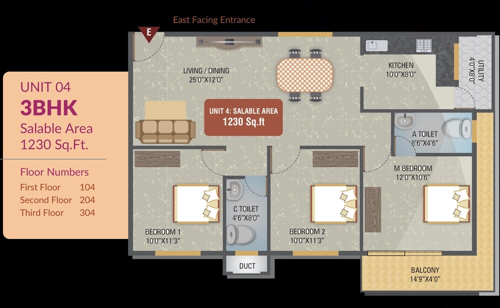 Floor plan of 3 BHK 1230 Sq. Ft. Apartment in Saketh Duo Marvel, Bangalore