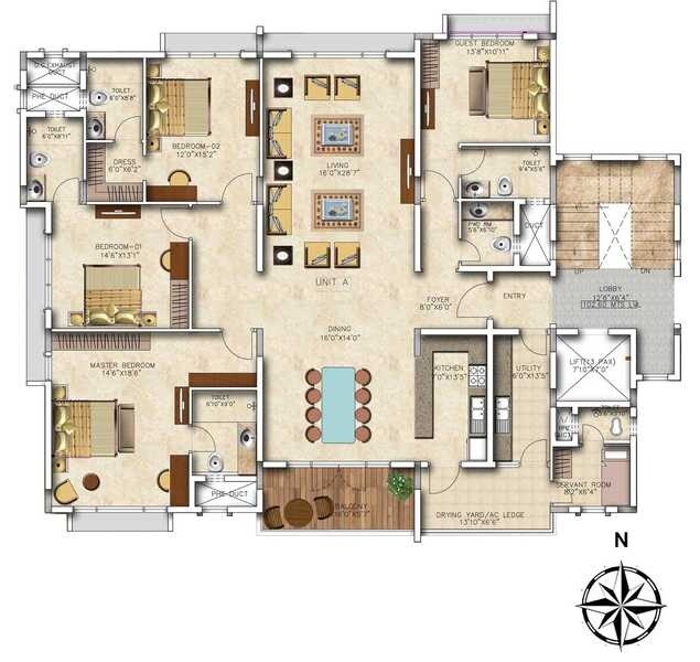 Floor plan of 4 BHK 3633 Sq. Ft. Apartment in Salarpuria  Casa Crescent, Bangalore