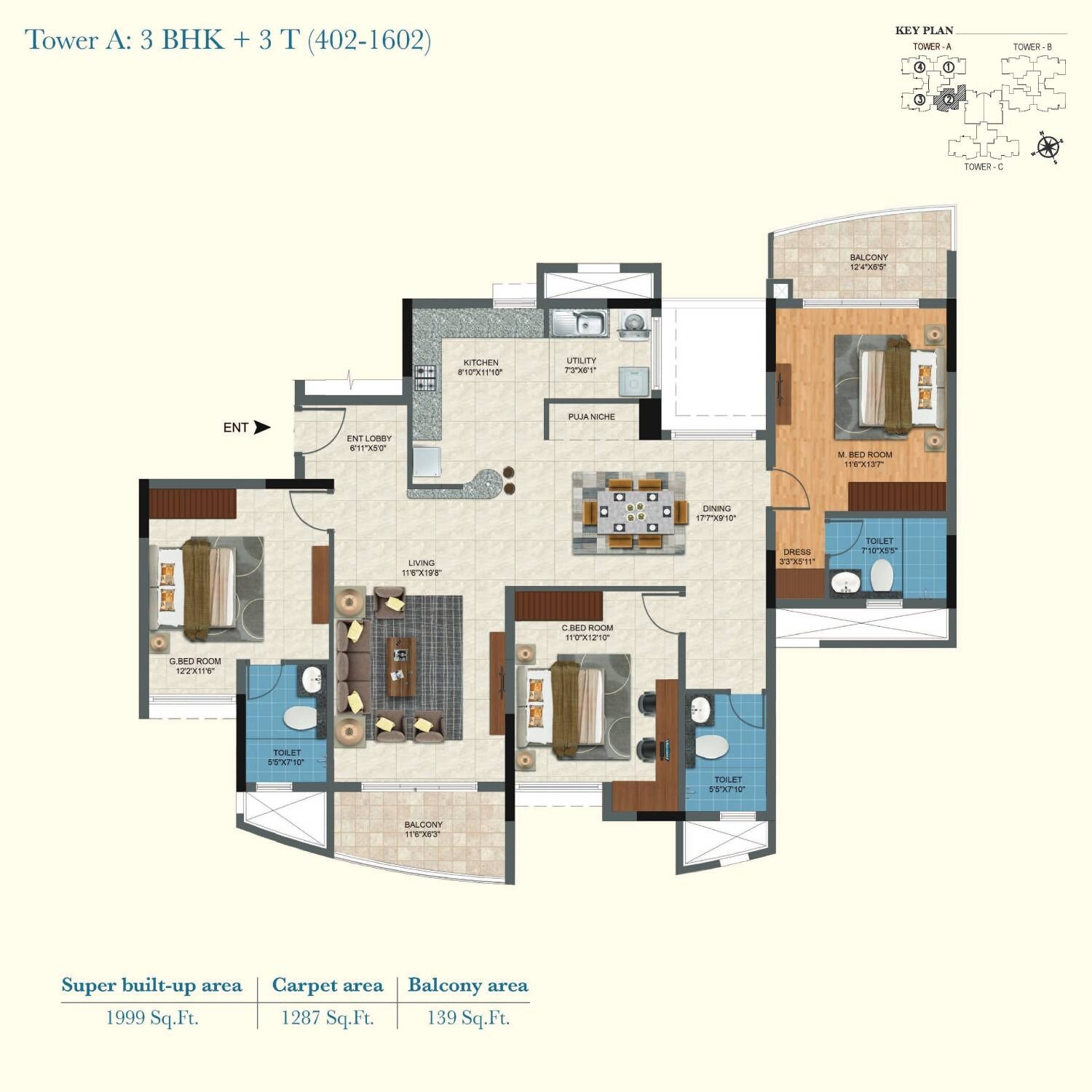 Floor plan of 3 BHK 1999 Sq. Ft. Apartment in Salarpuria Aqua Vista, Bangalore