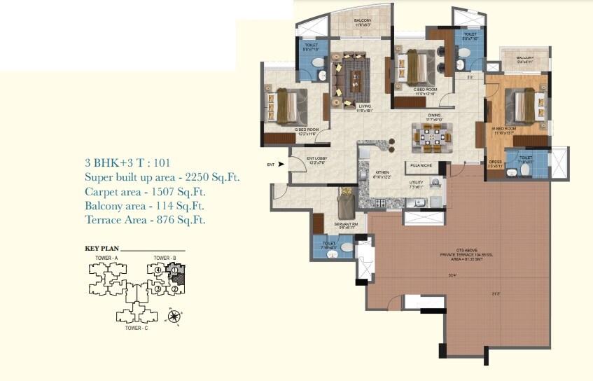 Floor plan of 3 BHK 2250 Sq. Ft. Apartment in Salarpuria Aqua Vista, Bangalore