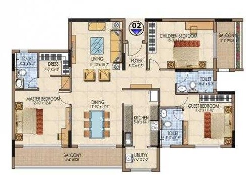 Floor plan of 3 BHK 1832 Sq. Ft. Apartment in Salarpuria Aspire, Bangalore