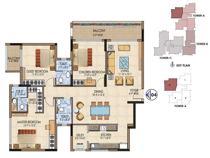 Floor plan of 3 BHK 2004 Sq. Ft. Apartment in Salarpuria Aspire, Bangalore