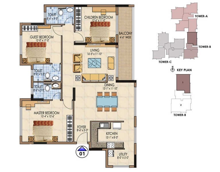 Floor plan of 3 BHK 2100 Sq. Ft. Apartment in Salarpuria Aspire, Bangalore