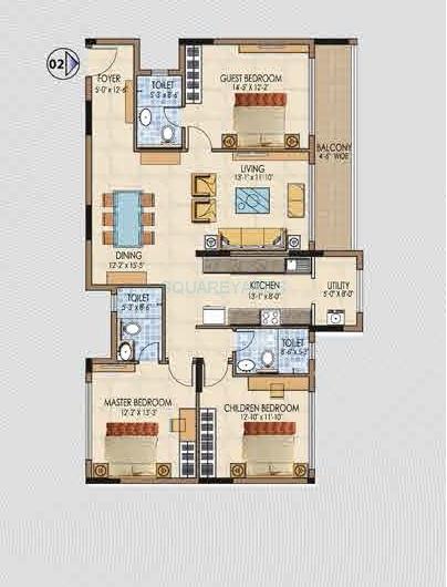 Floor plan of 3 BHK 1891 Sq. Ft. Apartment in Salarpuria Aspire, Bangalore