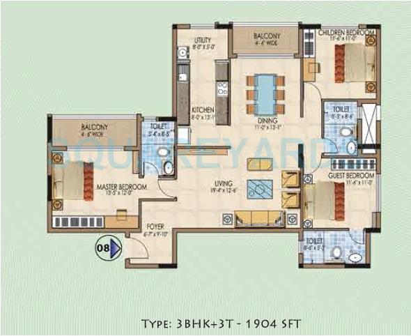 Floor plan of 3 BHK 1904 Sq. Ft. Apartment in Salarpuria Aspire, Bangalore
