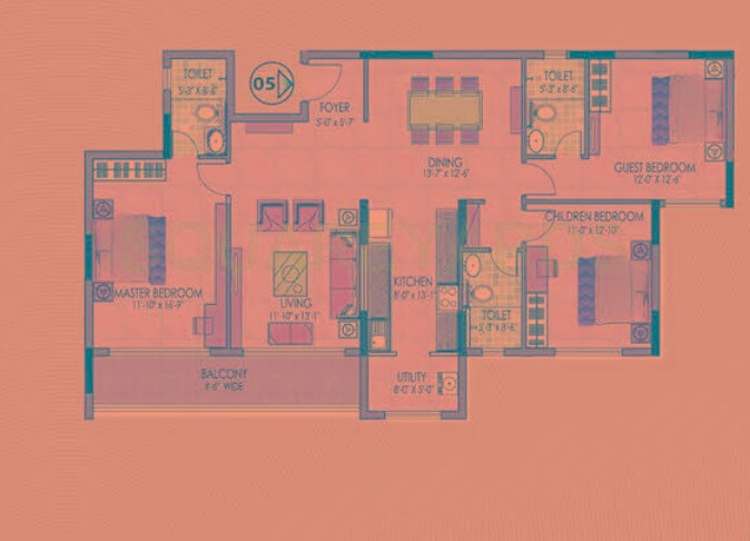 Floor plan of 3 BHK 1936 Sq. Ft. Apartment in Salarpuria Aspire, Bangalore