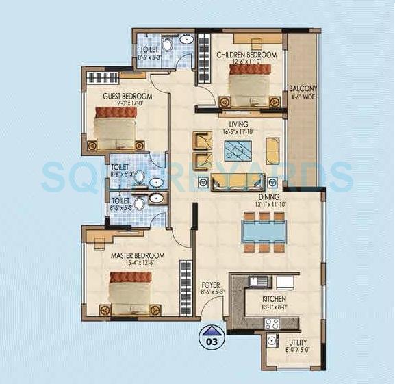Floor plan of 3 BHK 1949 Sq. Ft. Apartment in Salarpuria Aspire, Bangalore